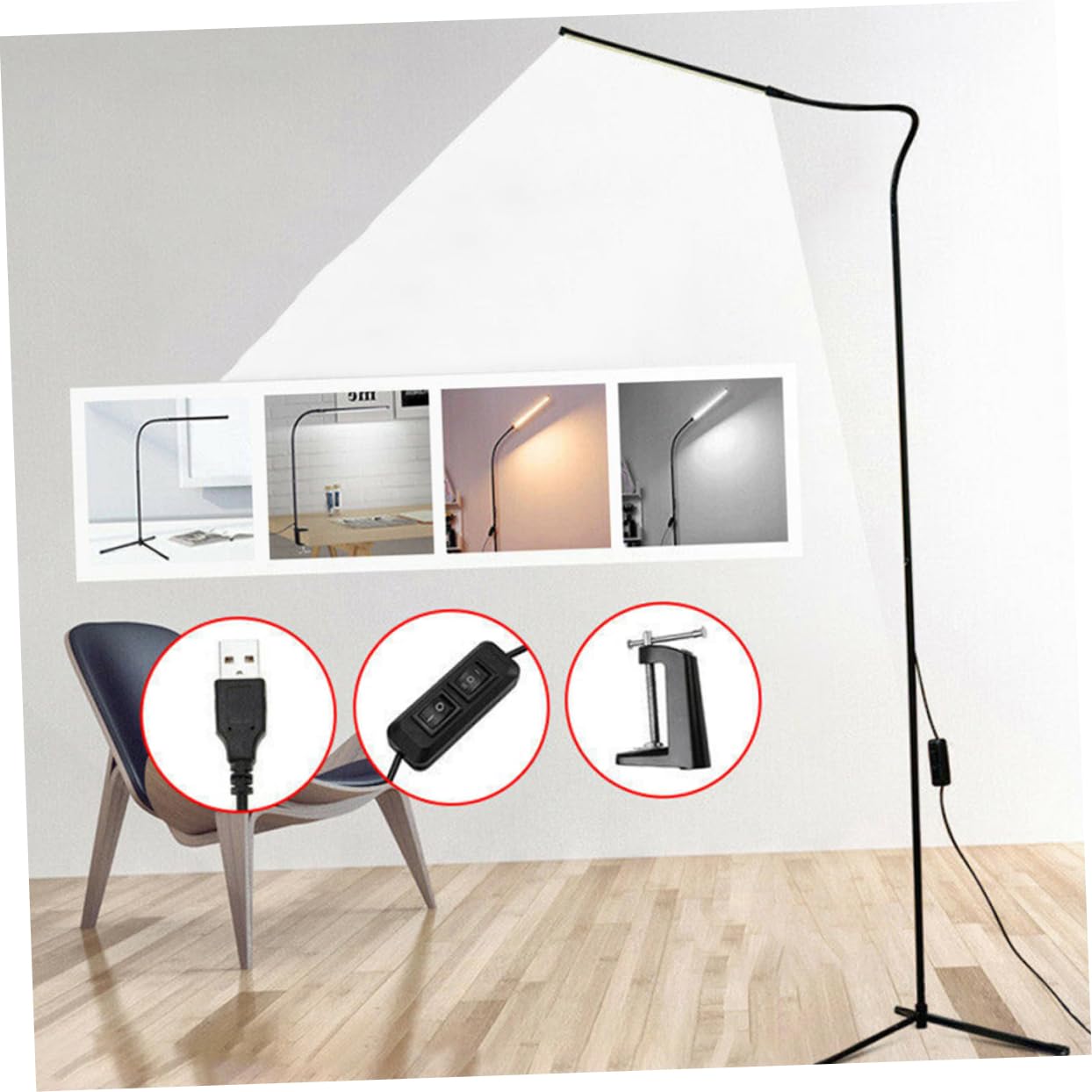 Lámpara de Escritorio Negro de Cuello de Cisne LED Regulable con Clip