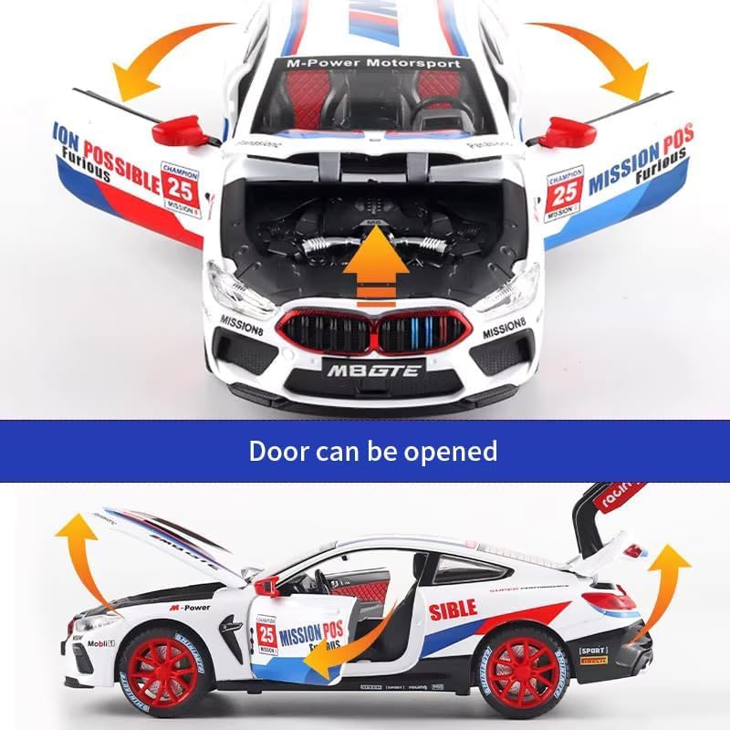 Image of WORSHIPER 1:32 B-M-W M8 GTE Exclusive Alloy Metal Die-Cast Pull Back Car | Openable 4 Doors with Light and Music | Best Boys� Gift Toy (1:32 B-M-W M8 GTE White)