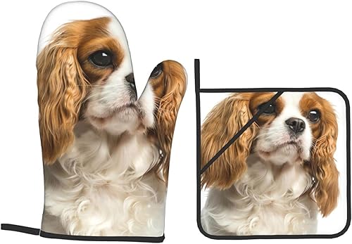 Miniatura 9 de Xsovgoi Cavalier King Charles Spaniel - Juego de 4 manoplas para horno y ollas para perros, resistentes al calor, con capa interior de algodón