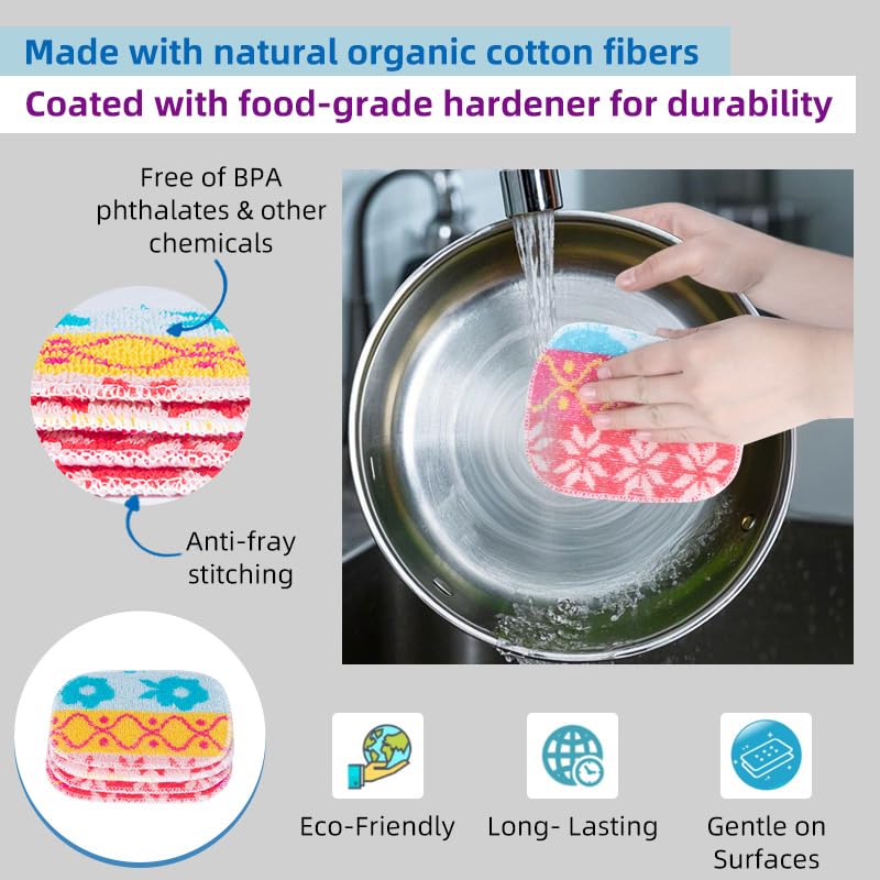 Image of Perfect Scrub, 3-Pack Reusable,Scouring Pad, Non-Scratching Dish Scrubber for Kitchen and Household Cleaning, Planet-Friendly, Dishwasher Safe Soft Scrub, Assorted Colors and Designs.