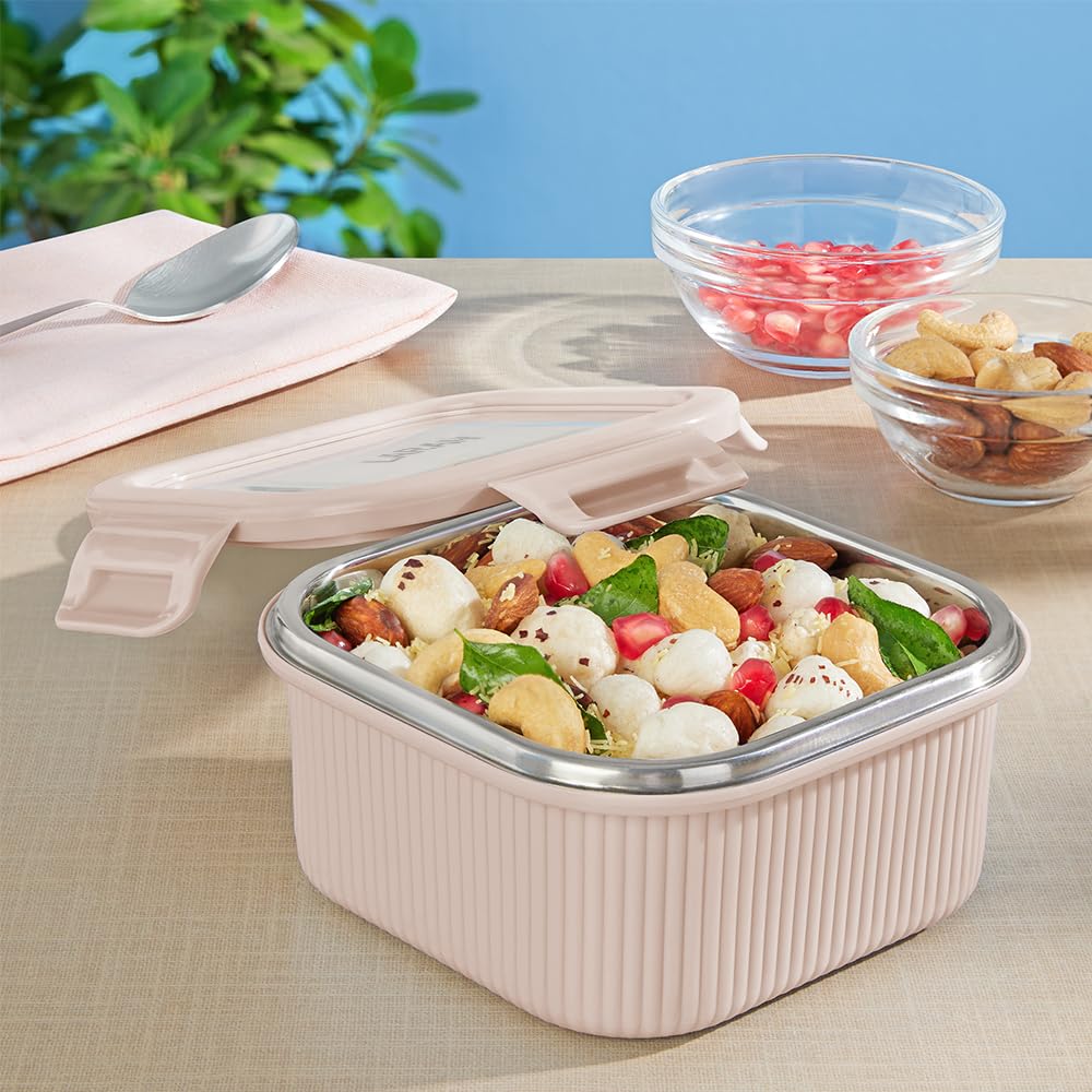 Larah by BOROSIL Freshbyte Food Storage Container with Airtight Stainless Steel Lid | Fridge Container for Lunchbox | Food Grade | Microwave Safe (Beige, 400 ml, Square)
