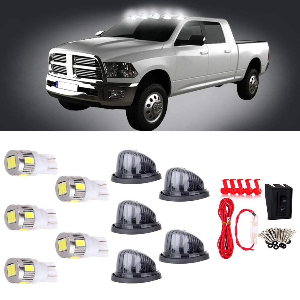 Aintier Set of 5 Smoke Round-Shape Lens w/T10 194 168 White Bulbs Cab Marker Clearance Lights Top Ro