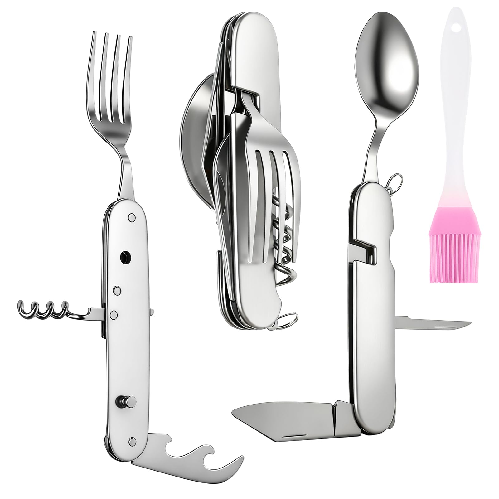 6 in 1 Posate da Campeggio Pieghevoli Acciaio Inox, Set Posate Multifunzione con Coltello, Cucchiaio, Forchetta, Apribottiglie e Pennello BBQ, Posate Trekking, Survival Outdoor, Picnic