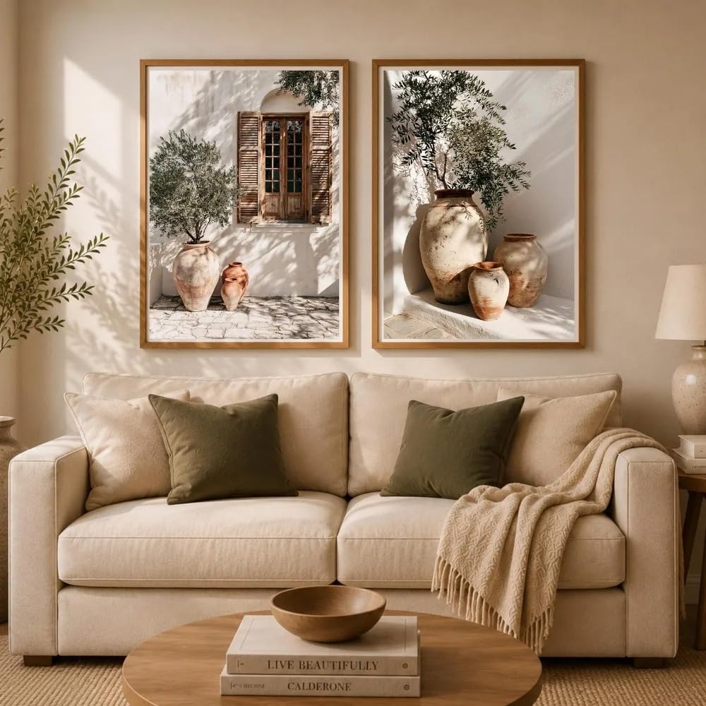 Dittelle Set aus 2 mediterranen Olivenbaum-Leinwanddrucken, rustikaler Terrakotta-Topf, griechischer Innenhof, Wandkunst für das Wohnzimmer (70 x 100 cm x 2 / Innenrahmen)