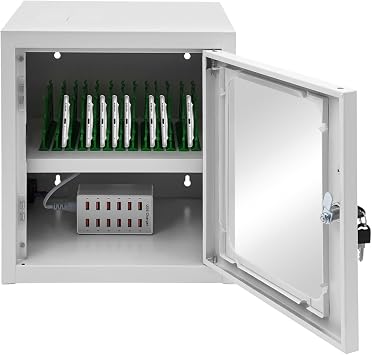 12-Unit Charging Cabinet for Phones Cell Phones Charging Station Portable Cellphone Charge Cart Wall Mount or Desktop USB Ports & Card Slots for Classrooms, Offices, Airports White
