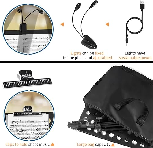 Miniatura 8 de lotmusic Soporte de música azul, soporte portátil para partituras, soporte de música plegable y ajustable en altura con bolsa, clip de partitura,