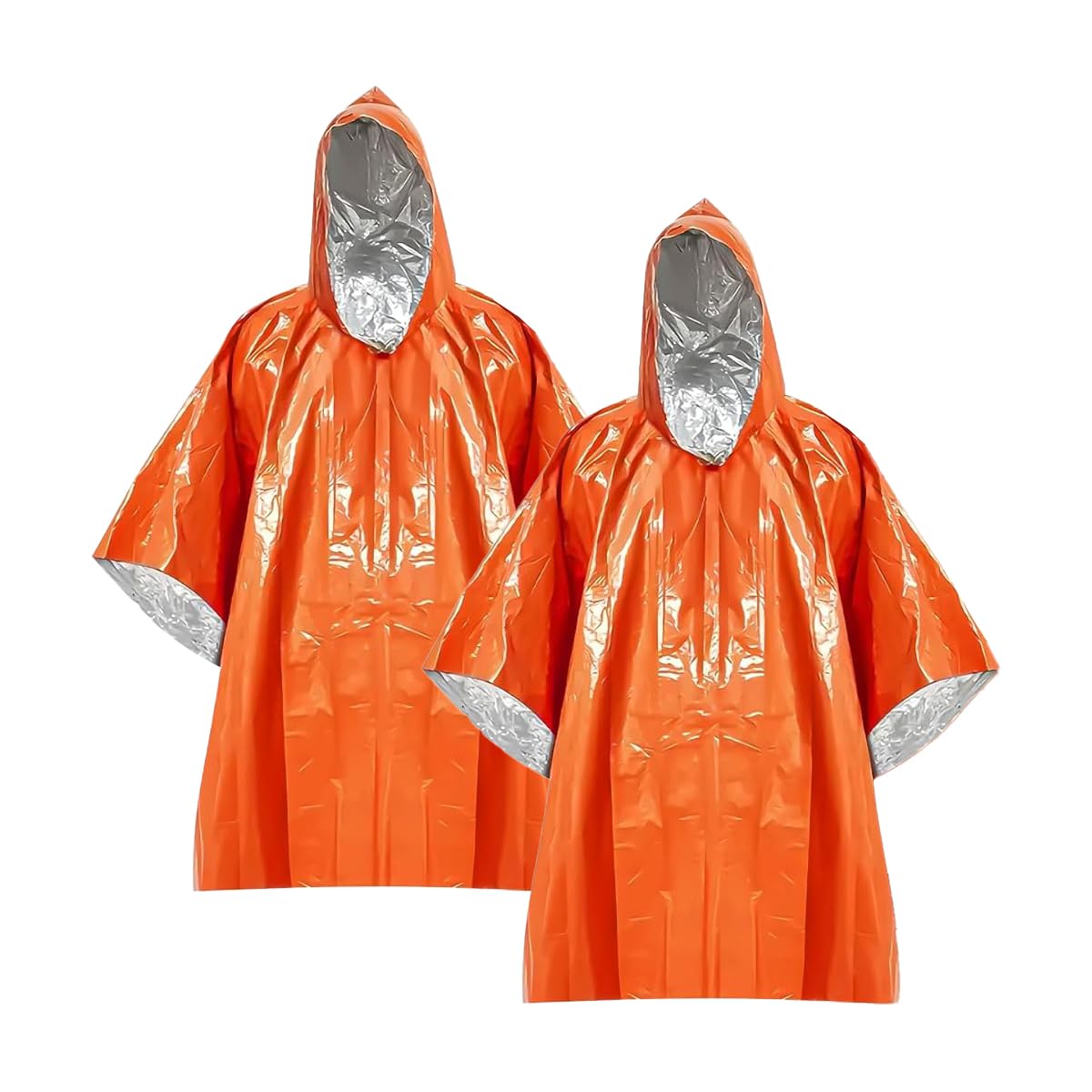 Bojueshaw Orange 2Pcs Emergency Survival Ponchos,Thermal Mylar Blankets With Hood,Waterproof,Windproof & Heat Retaining For Outdoor,Hiking,First Aid Kits