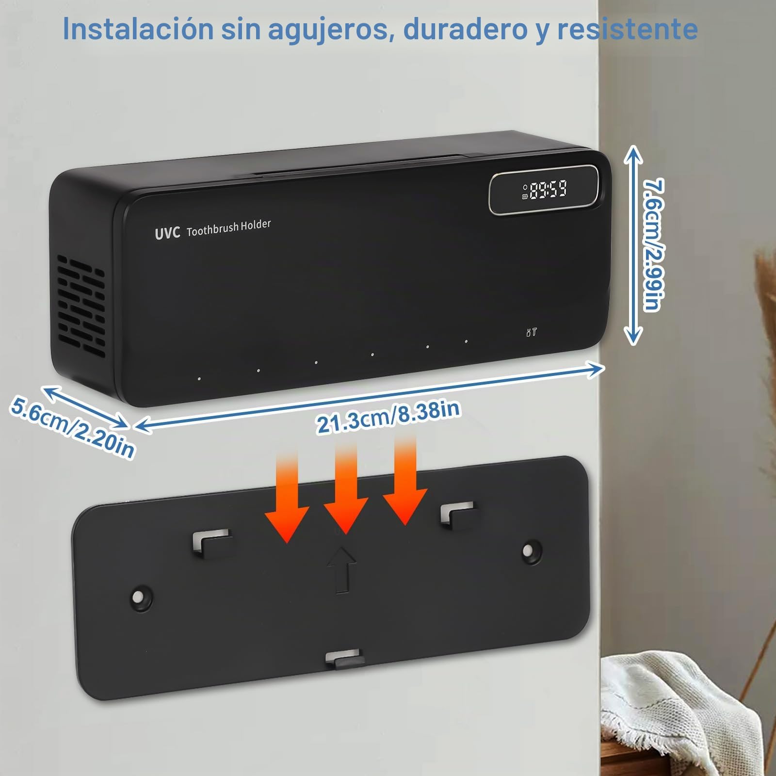 Porta Cepillo de Dientes con Esterilizador UV & con 7 Ranuras para Dispensador Pasta de Dientes, USB Recargable 2000mAh, Soporte Cepillo de Dientes Eléctrico UV para Casa, Baño, Ducha (Negro)
