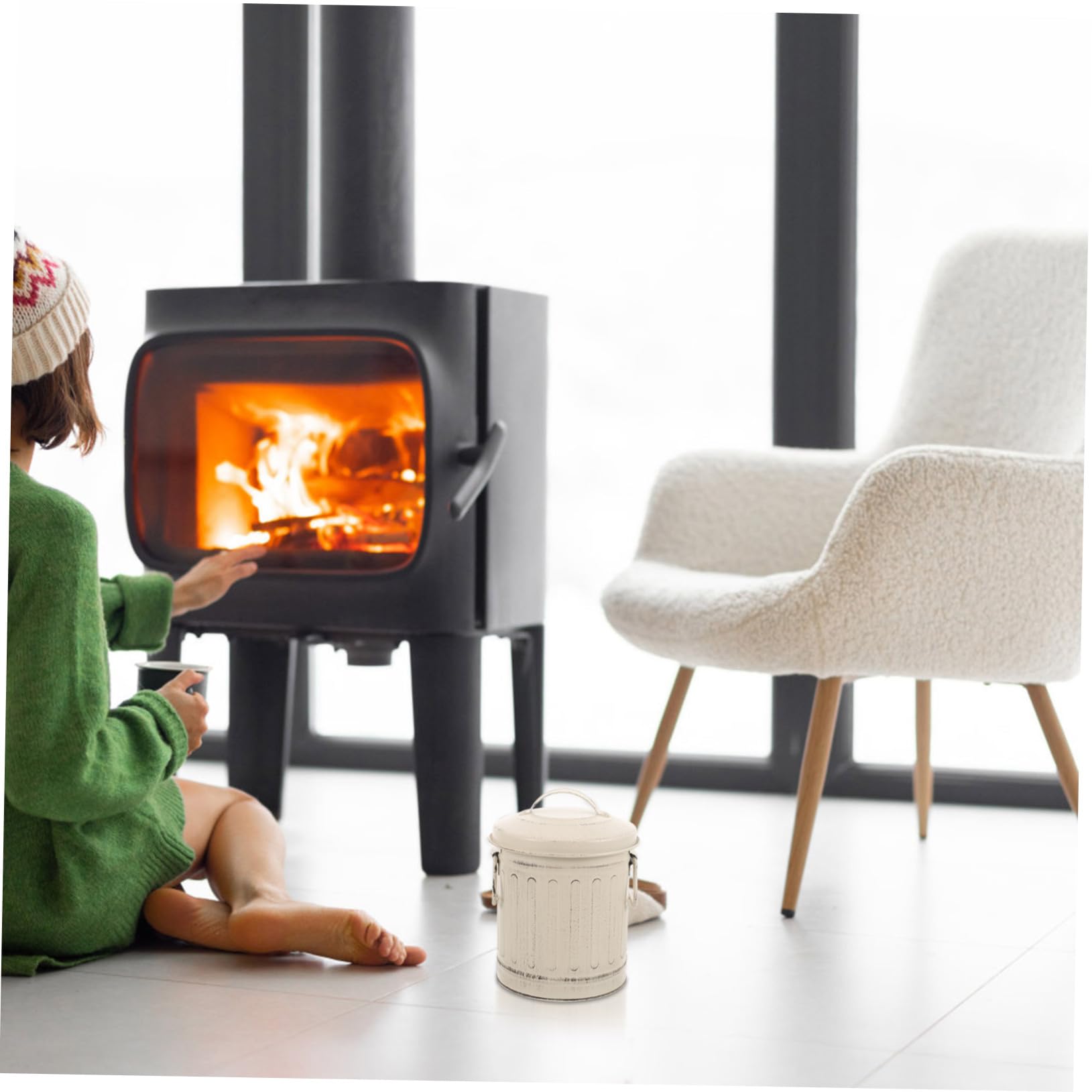 Secchio Cenere Stufa con Coperchio Grande Ferro Beige Vintage