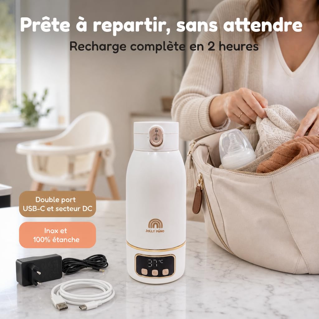 Chauffe biberon Nomade Portable Sans Fil 500 ml, Inox, Chauffe Lait Maternel & Eau, Auto-Pasteurisation, Voyage Voiture Nuit, Brosse Silicone Incluse