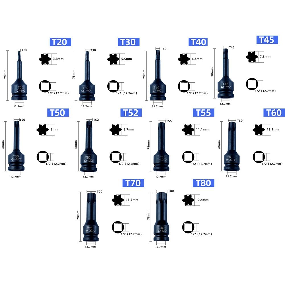 Set di 10 chiavi a bussola Torx da 1/2 pollici, T20 a T80, in acciaio cromato, in scatola di plastica