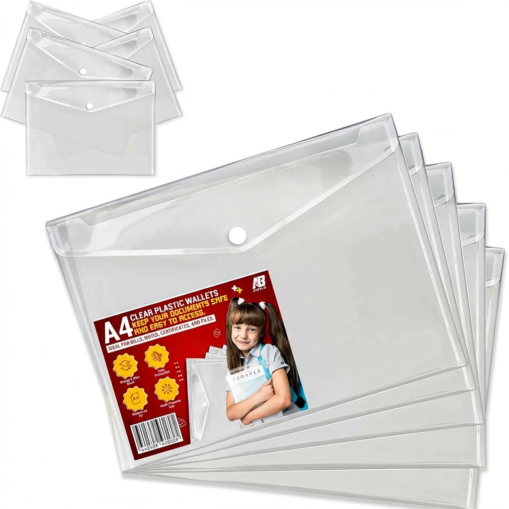AIBULO 10-Pack A4 Clear Plastic Document Wallets – Snap Button Transparent Folders for School, Office & Home – Waterproof File Holders for Papers, Bills, Notes, Certificates & Receipts