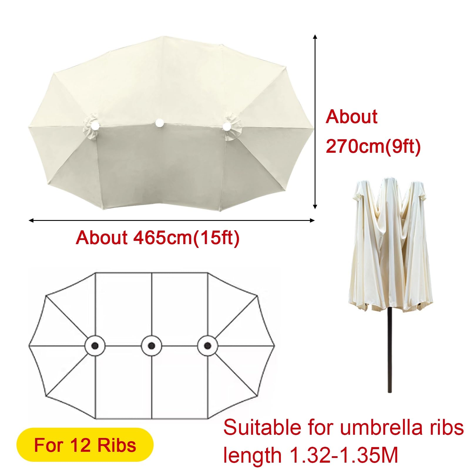 V3VOGUE Toile De Rechange Parasol Double, Auvent Parasol De Remplacement 12 Baleines, 465x270cm Largeur De Couverture Extra Large, Jardin Housse Imperméable en Tissu pour Dessus De Parapluie(Black)