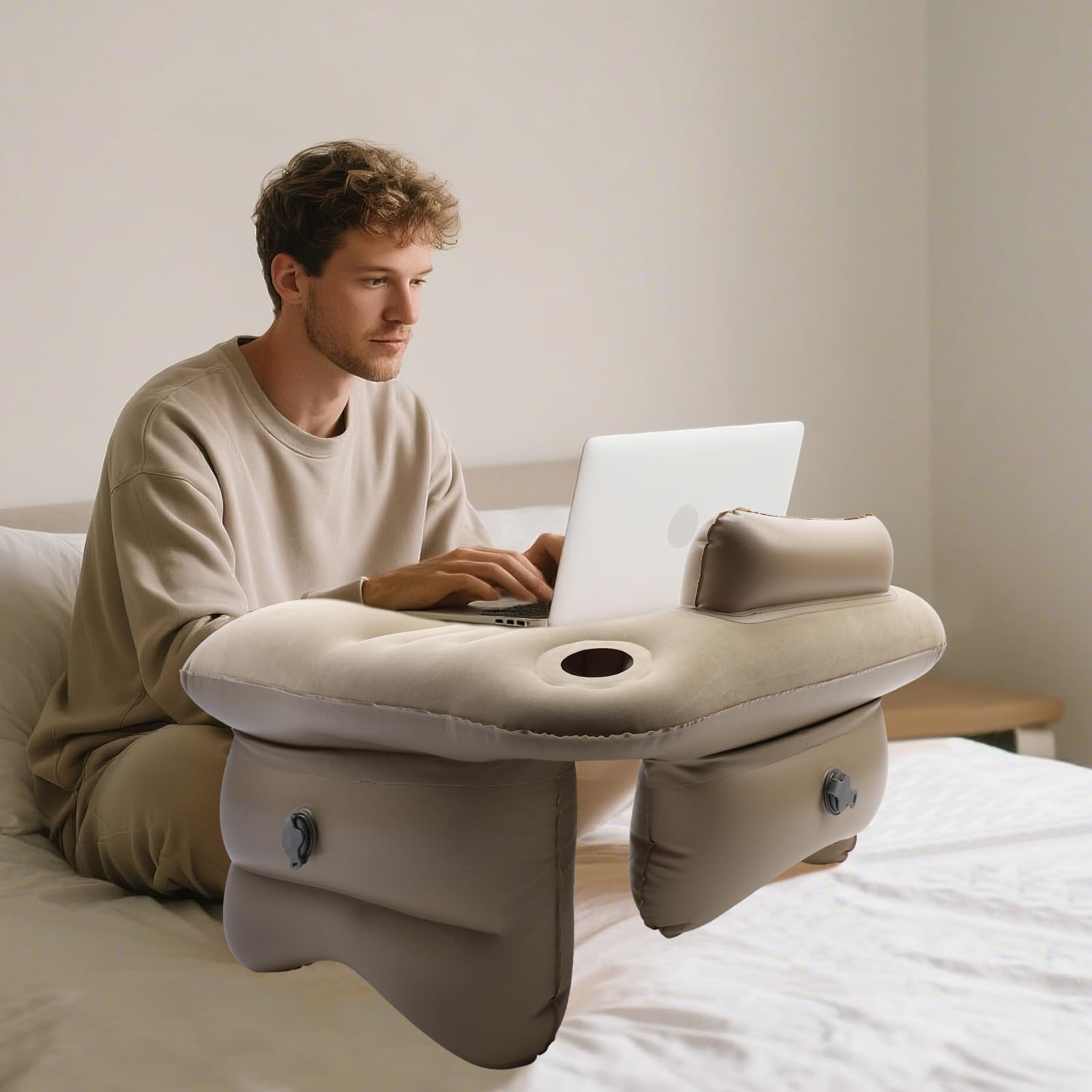 Cojín de lectura inflable respetuoso con el medio ambiente para cama y sofá, reposabrazos, cuello y reposamuñecas, cojín plegable portátil para adultos (beige)