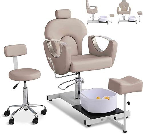 KIGOTY Silla de pedicura sin fontanería con masaje de pies, spa y taburete, estación de pedicura reclinable de elevación hidráulica ajustable, silla