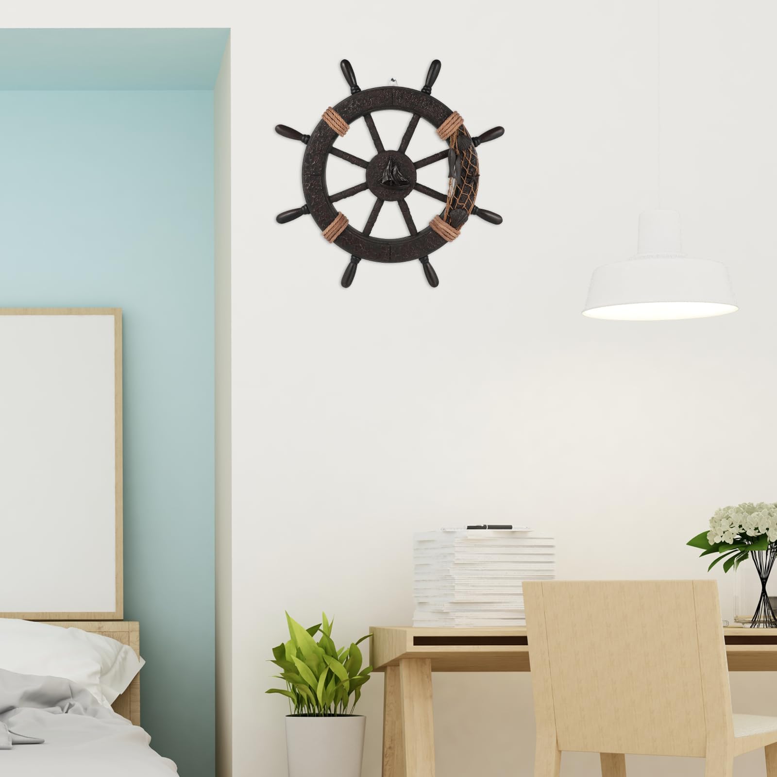 Garneck Timone In Legno Per Porta Mediterranea 17.7 Pollici Di Larghezza Timone Nautico Decorazione Da Parete Foto A Rete Decorazione Da Spiaggia Adatta Per Soggiorno Camera Da Letto