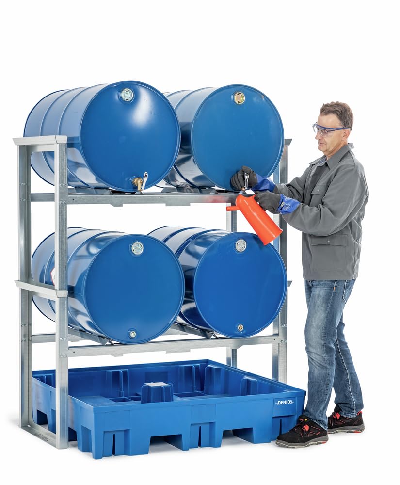 DENIOS Fassregal/Abfüllstation für 4 Fässer à 200 L, Kunststoff-Auffangwanne, 1429 x 1235 x 1637 mm
