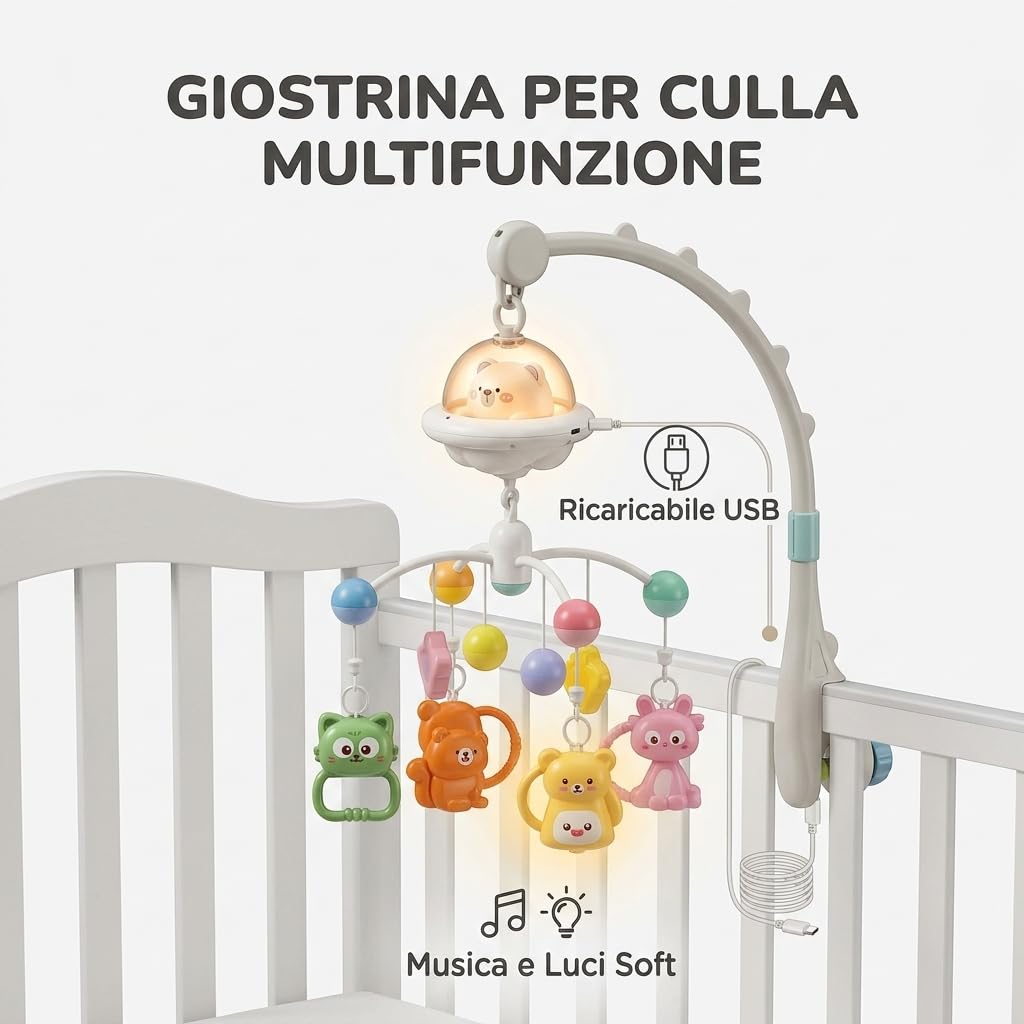 Giostrina Culla Neonati con Carillon Musicale e Proiettore Luci