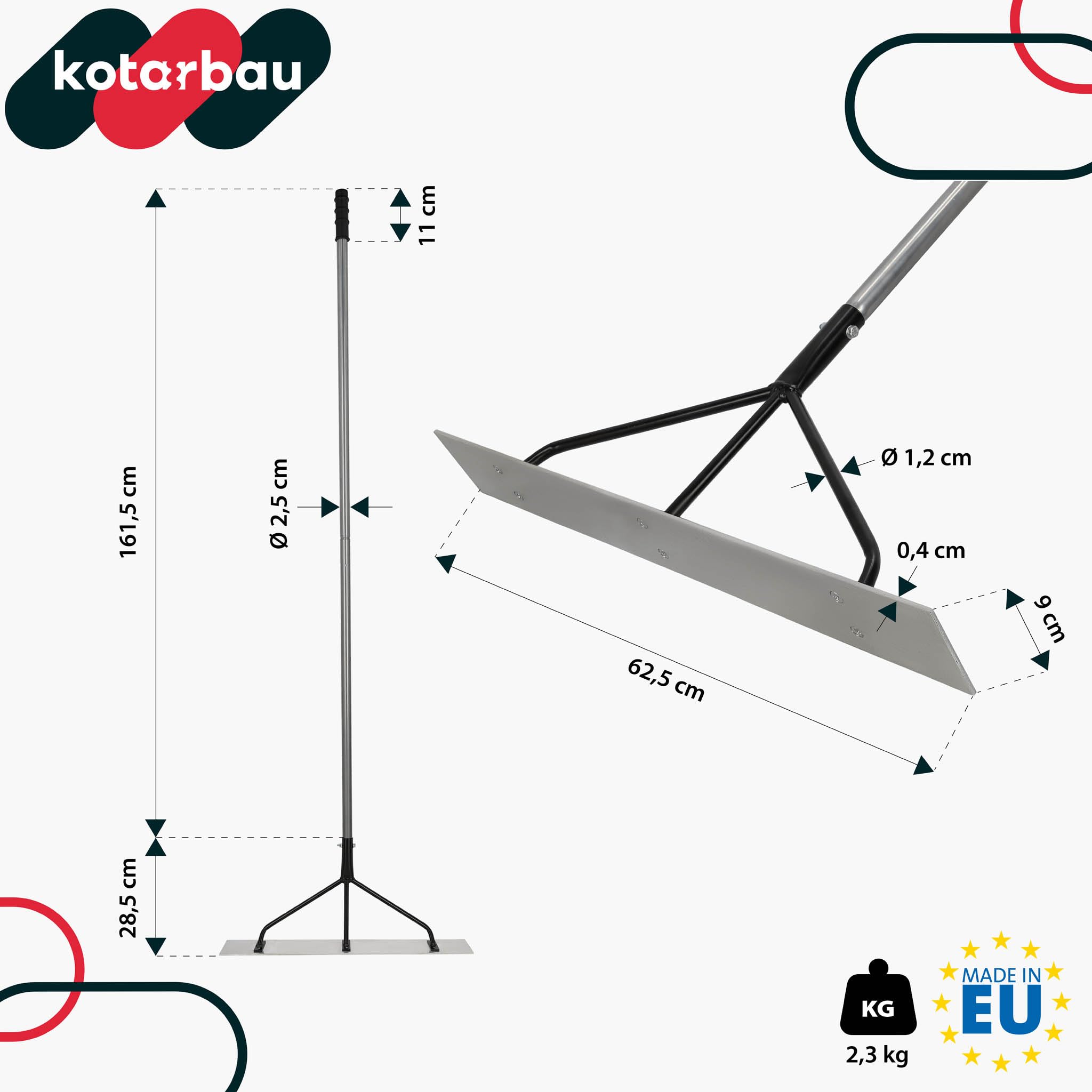 KOTARBAU® Regla para Hormigón - Acero - 62,5x9 cm - Regla para Concreto - Plata Negro - Herramienta De Albañil - Alisador de Hormigón - con Mango de Aluminio 161,5 cm