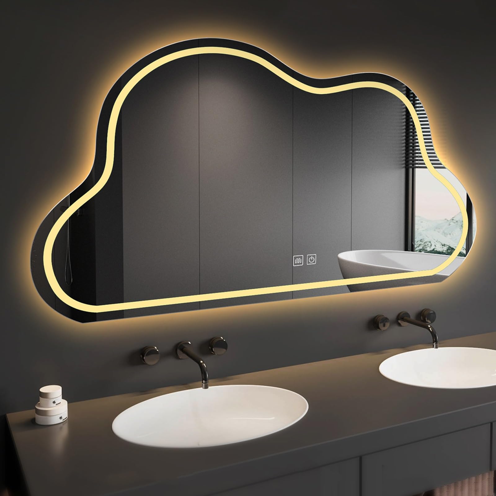 SXFSDOU LED Bathroom Mirror - Cloud-Shaped Illuminated Wall with Dimmable Lighting, Anti-Fog Function, and Touch Control – Ideal for Vanity in or Living Room