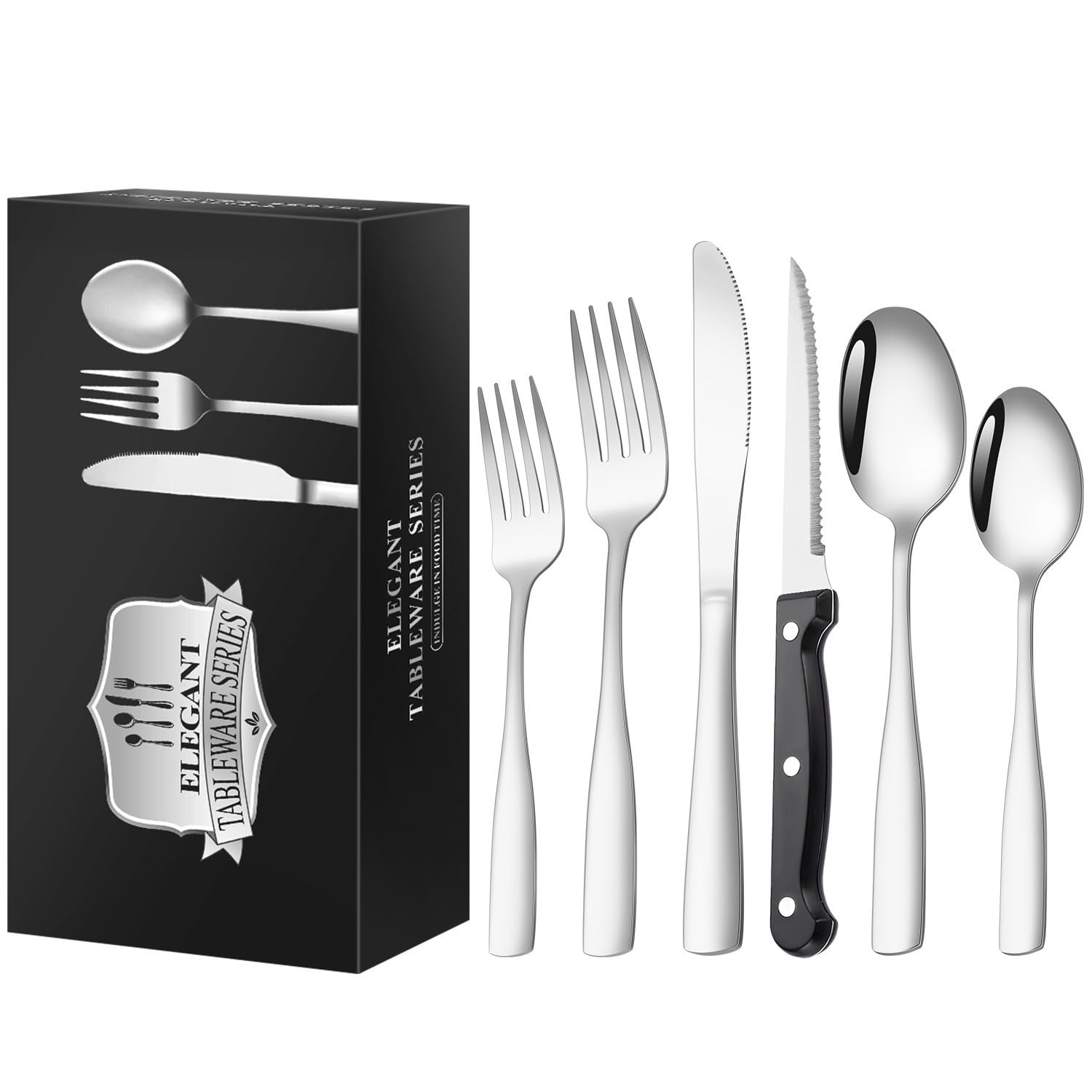 OLSKFUH Cutlery Flatware Cutlery Set, 60-Piece Stainless Steel Square Handle Knife, Fork And Spoon Set Steak Knife, Fork And Spoon For 10 People,Silver