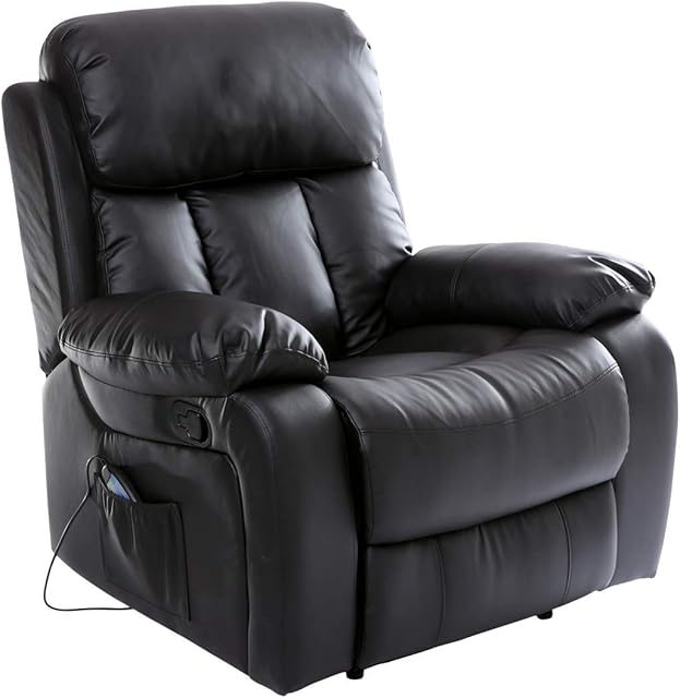 CHESTER HEATED MASSAGE RECLINER BONDED LEATHER CHAIR SOFA LOUNGE GAMING HOME ARMCHAIR (Black)