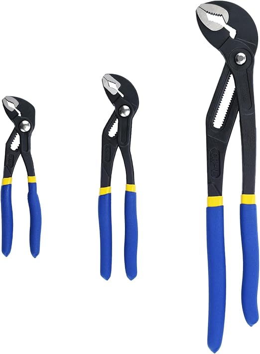 3pcs Adjustable Groove Joint Pliers Set, V-jaw Pliers with Push Button Quick Release (7-inch, 10-inch, 16-inch) (Blue)