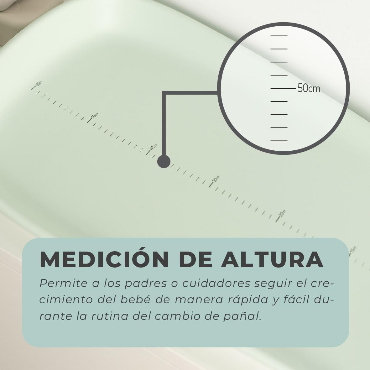 Olmitos - Cambiador de Bebé Antideslizante EVA – Superficie Impermeable, Lateral Elevado, Medidor de Crecimiento, Higiénico y Fácil de Limpiar – 69x44cm | Desde 0m hasta 12 meses (Menta)