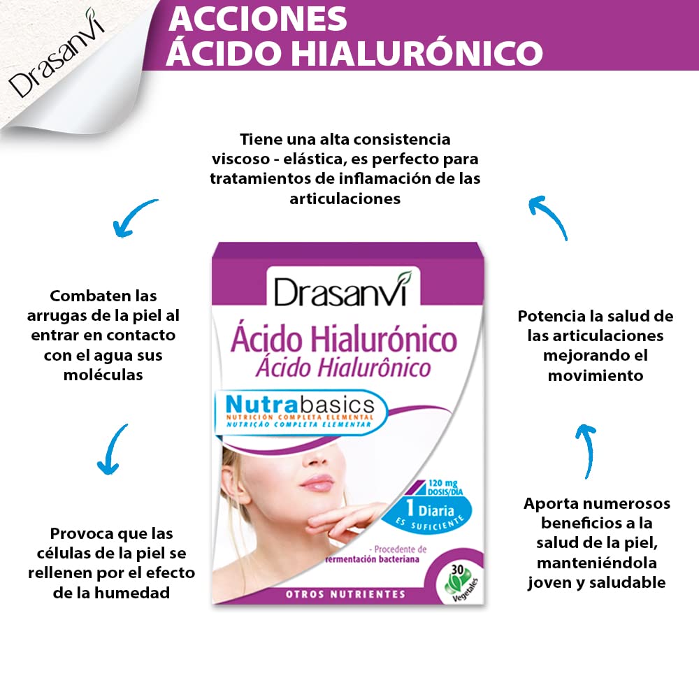 DRASANVI Ácido Hialurónico Procedente de Fermentación Bacteriana | Función Estructural para Piel, Cartílagos y Articulaciones | Hidratante Natural | para Veganos | 30 Cápsulas Vegetales = 30 Días