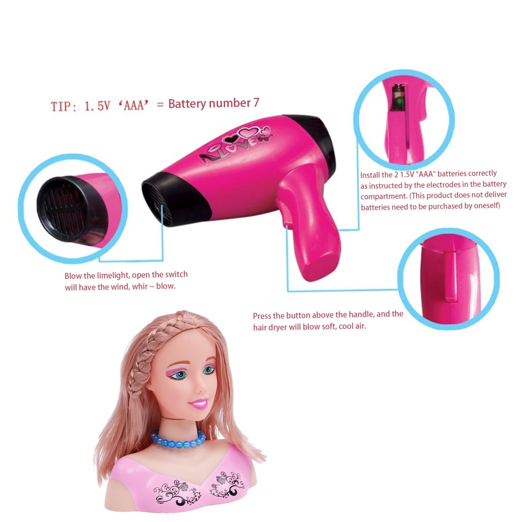 Cabeza de muñeca con Estilo para niños, 39 Unidades/Juego, Cabeza de muñeca con Estilo de Pelo Seguro para niñas, Juego de peluquería con Accesorios para el Cabello para niñas