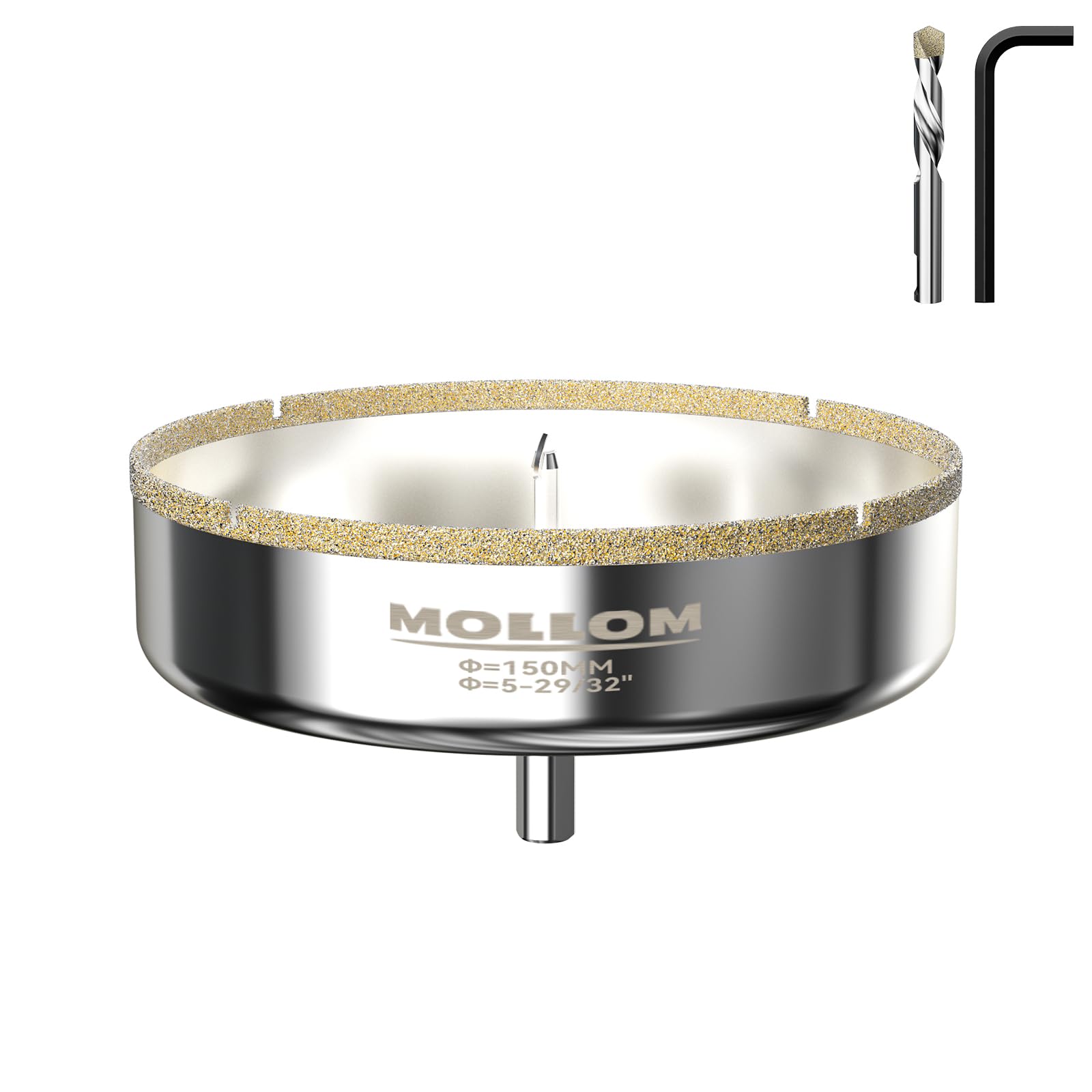 Mollom 5-29/32" (150mm) Diamond Hole Saw with 2Pcs Removable Pilot Drill Bit Smooth Cutting for Porcelain Tiles,Glass,Ceramic,Marble,Fiberglass,etc — image 1
