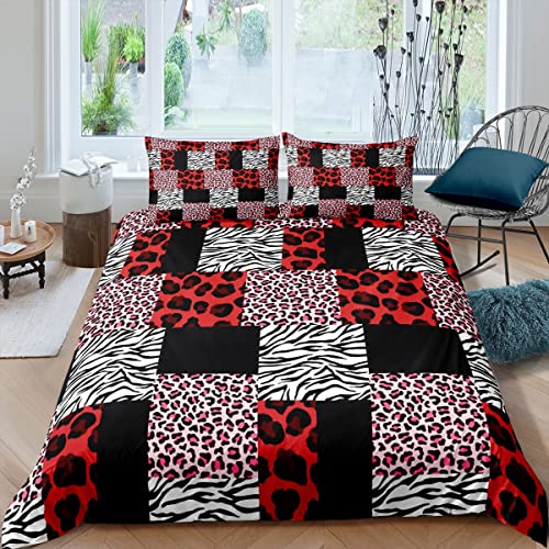 Red Leopard Zebra Print Duvet Cover Set King Size,Wildlife Tropical Animal Comforter Cover With 2 Pillowcases,Stitching Black Plaid Modern Bedding Set For Adult Young Bedroom Xmas Gift #TOP1