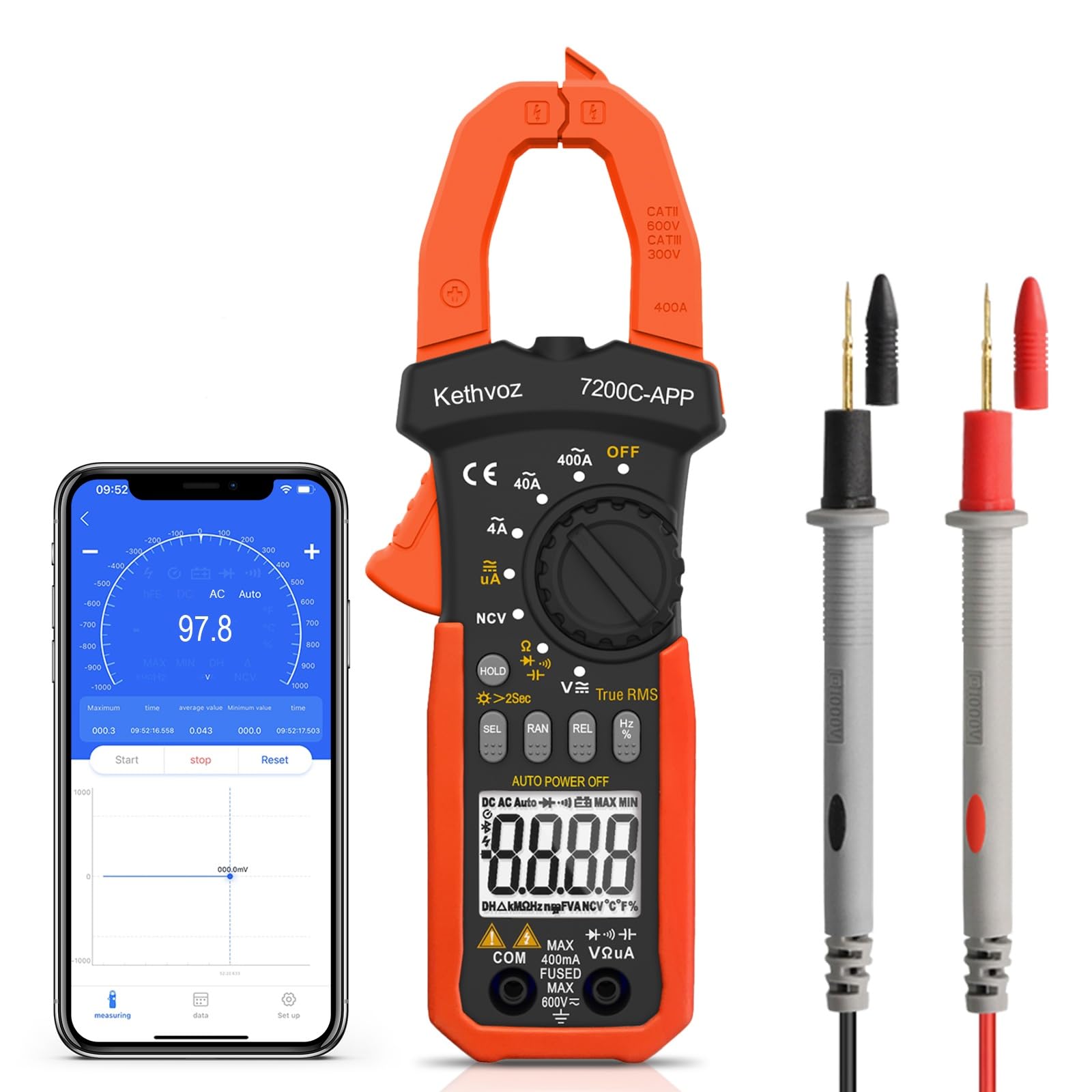 Bluetooth Stromzange Clamp Meter, Kethvoz 4000 Counts TRMS Zangenmultimeter Auto Range Messung 0-400A DC/AC Strom Spannung Ohm Kapazität Durchgang NCV, Digitale Zangenamperemeter