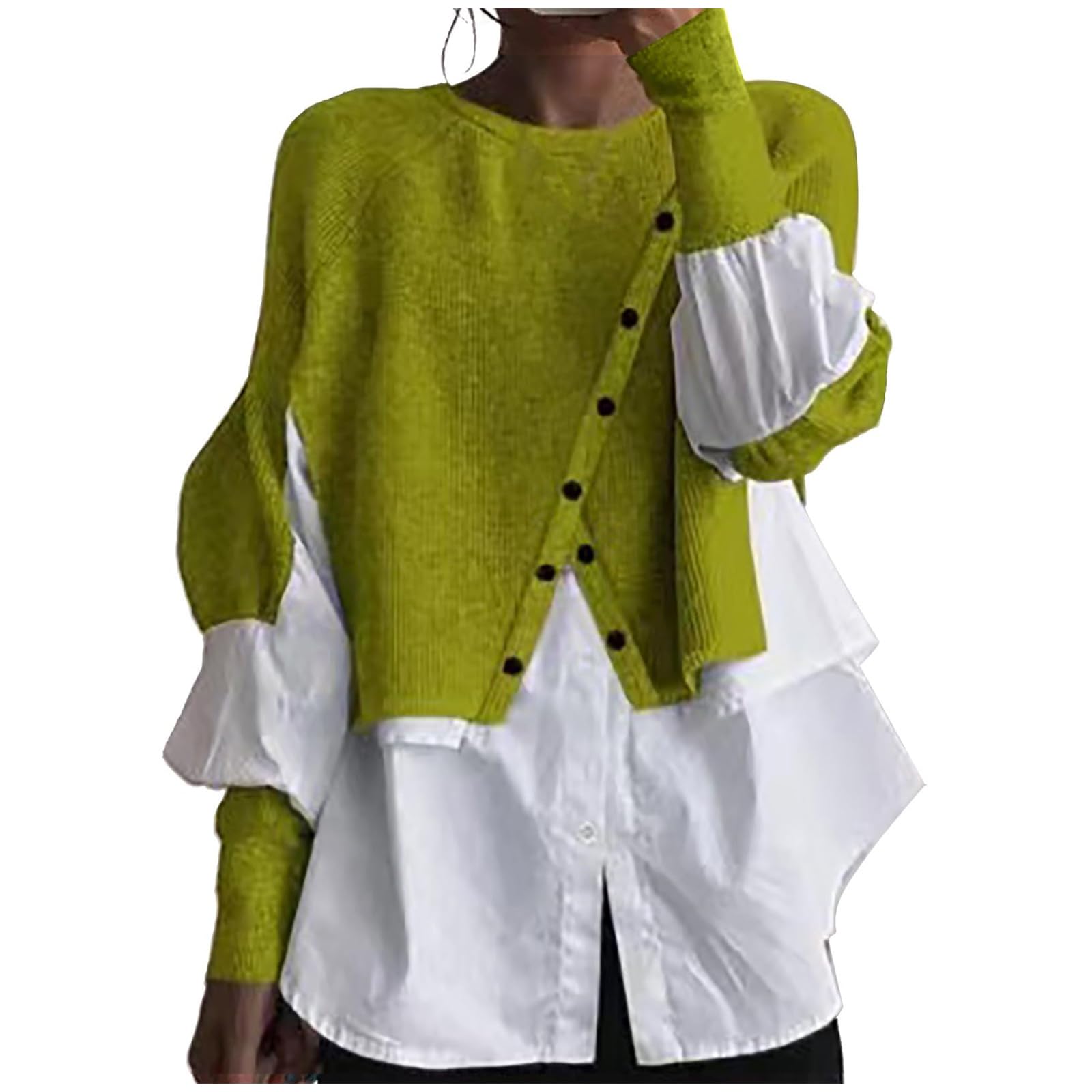 Sweaters for Women Trendy Patchwork False 2 Piece Sweater Casual Crew Neck Lantern Sleeve Knitted Pullover Sweaters