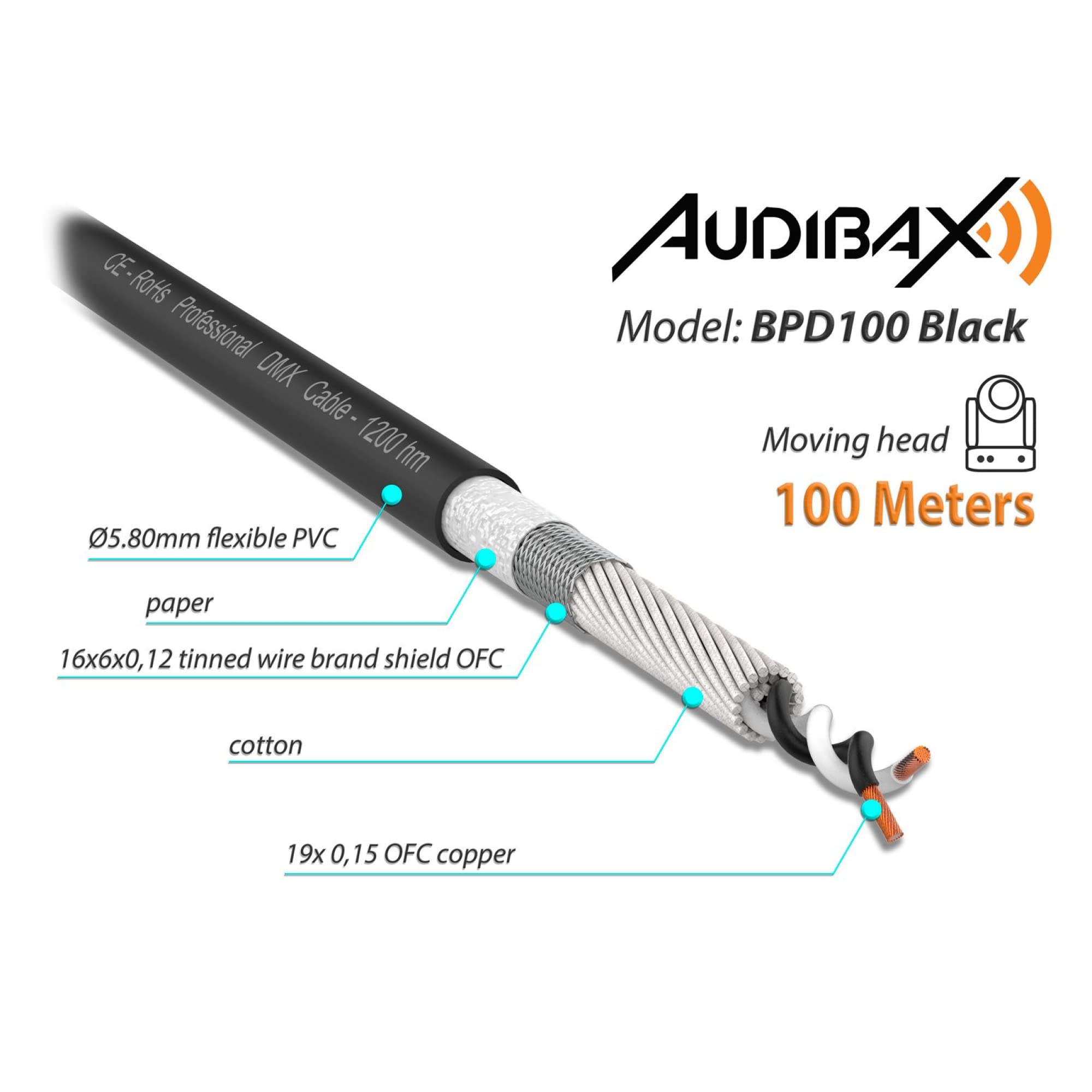 Audibax Pro BPD100 Black Bobina Cable DMX 100 Metros