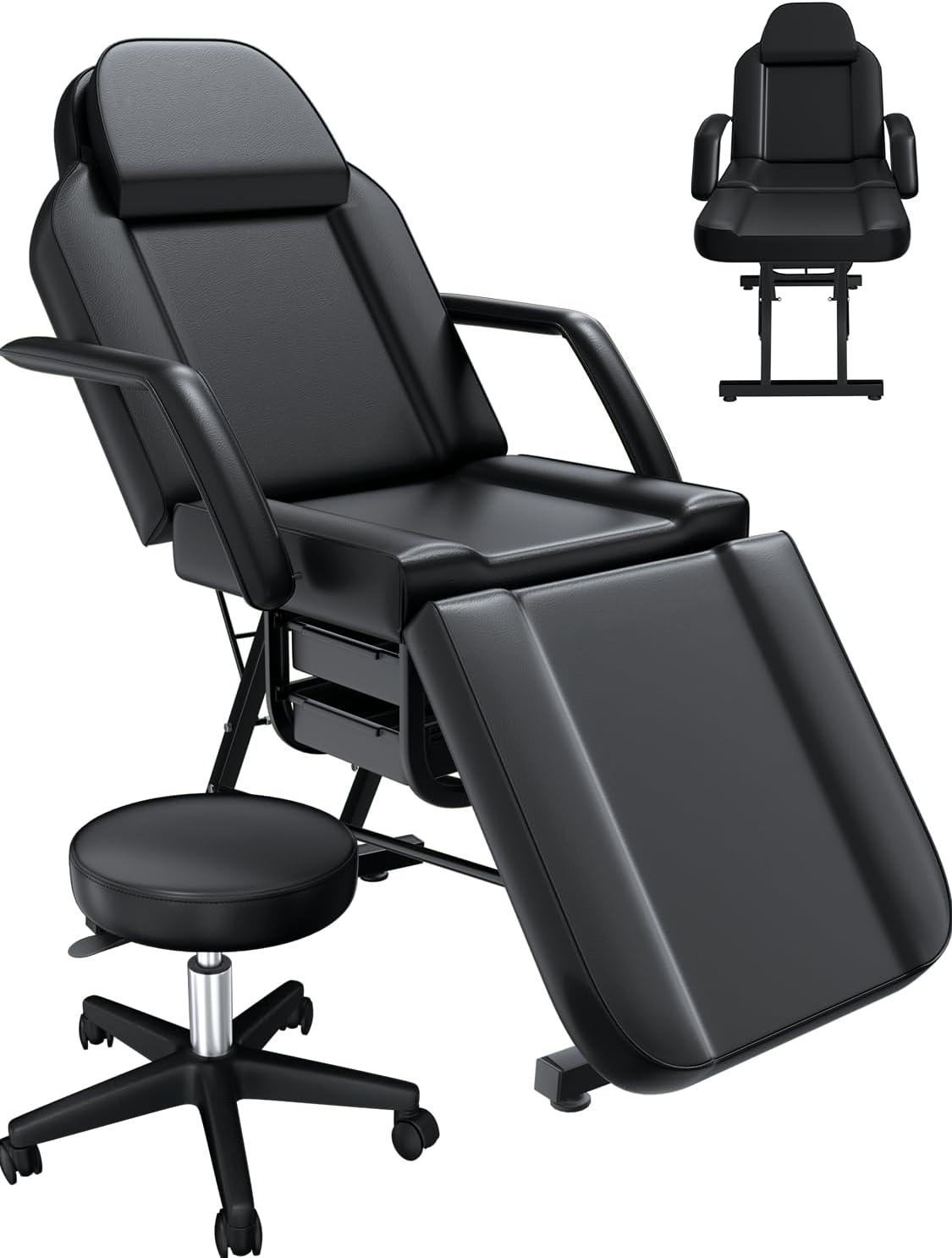 Facial Chair Tattoo Chair for Client, Facial Bed Esthetician Adjustable Massage Table with Headrest & 360° Rolling Stool, Lash Bed for Salon Spa Barber Massage Equipment, All Black