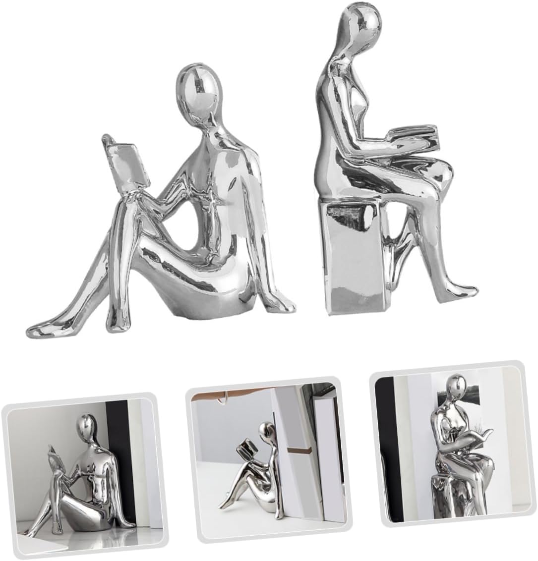 Unomor 1pair Reading Figurines Bookends Decorative Bookshelf Accents for Heavy Books Living Room Abstract Statue Ceramic Decorative Bookends