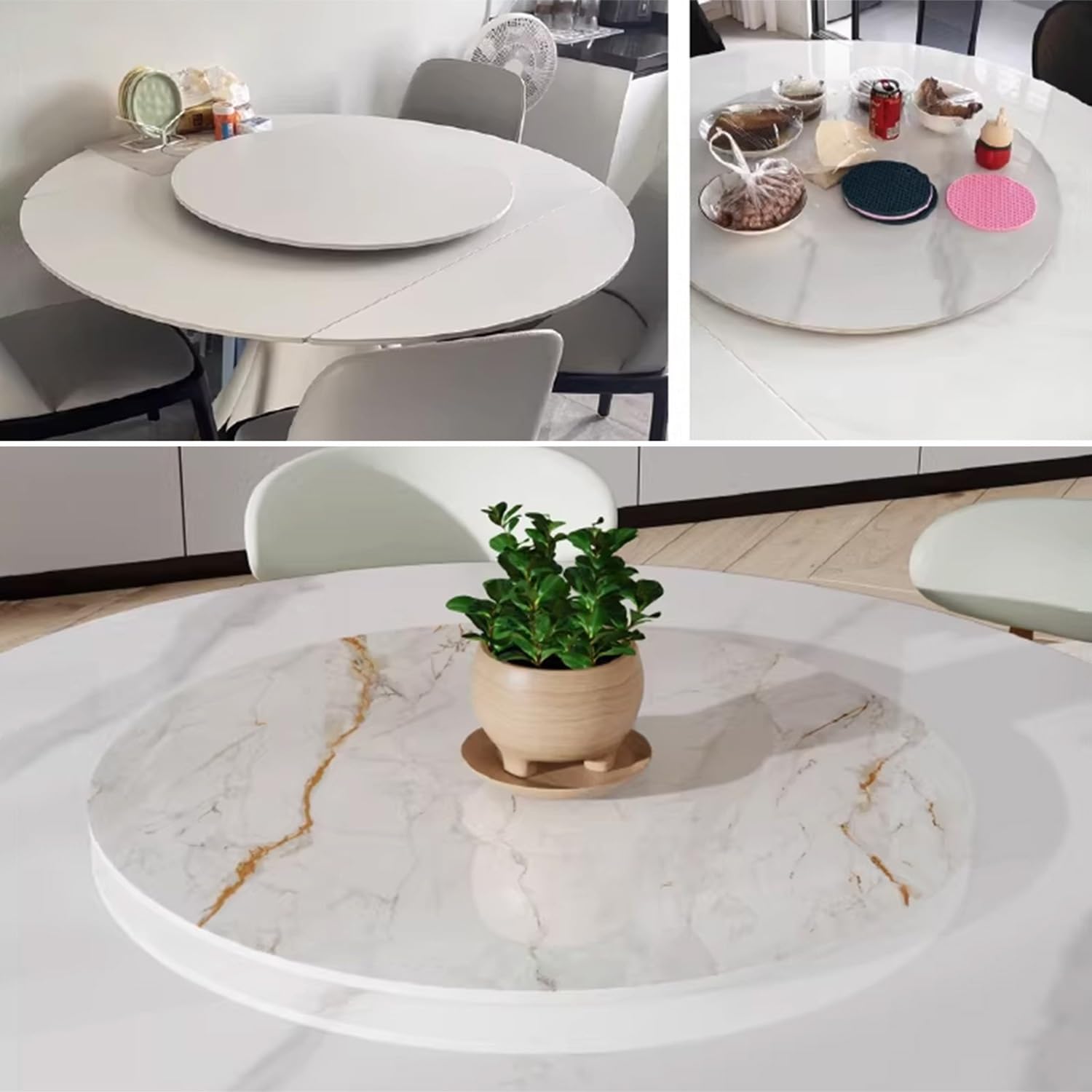 Blat stołu Lazy Susan, okrągły gramofon ze spiekanego kamienia, 71 cm, wytrzymała, obrotowa taca do jadalni, marmurowa, cicha, obrotowa taca do serwowania, matowa, biała, szara, 90 x 90 cm