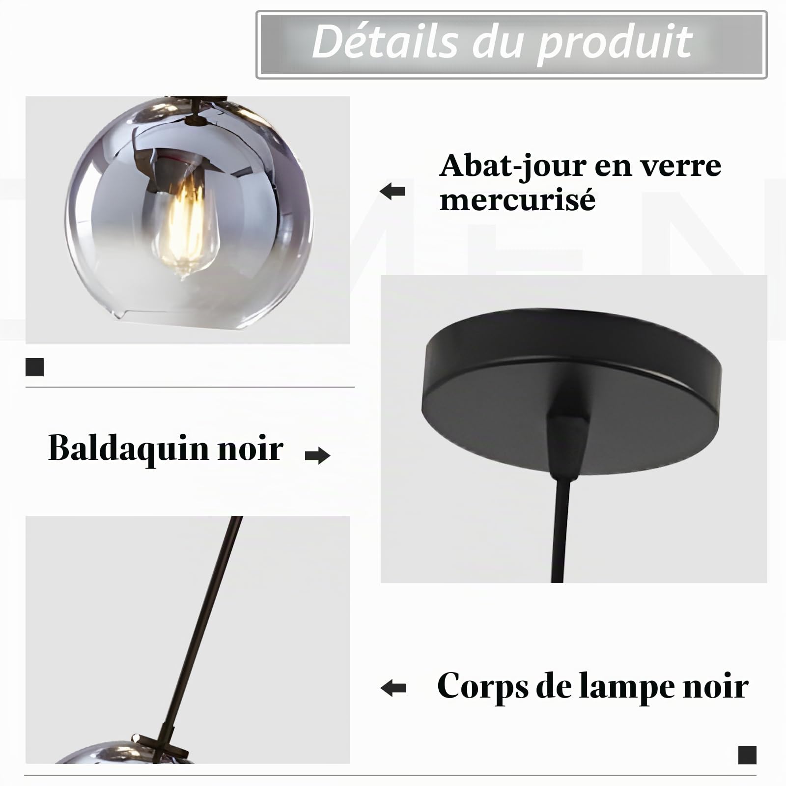 KCO Éclairage Moderne Noir Globe Pendentif Luminaire Mercure Verre Suspension Lumière Milieu Siècle Argent Cuisine Pendentif Éclairage Over Island Salle à Manger Suspension Luminaire