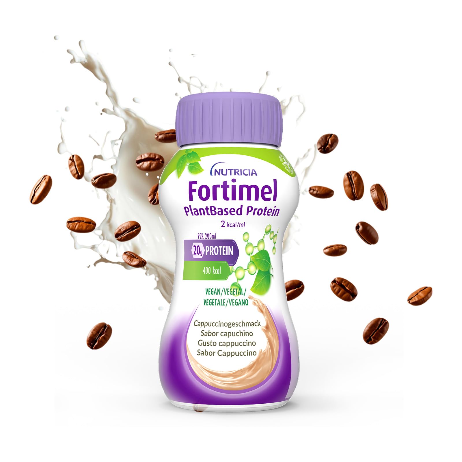 Nutricia Fortimel PlantBased Protein, Alimento a Fini Medici Speciali Indicato per la Gestione Dietetica della Malnutrizione, Vegano, Senza Lattosio, Gusto Cappuccino - 4 Confezioni da 200ml