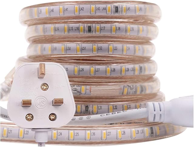 XUNATA 25m LED Strip AC 220V 240V IP67 Waterproof 3014 SMD 120LEDs/m Commercial Rope Light, Warm White Ribbon for Home Kitchen Cabinets Ceiling Garden Decoration UK Plug