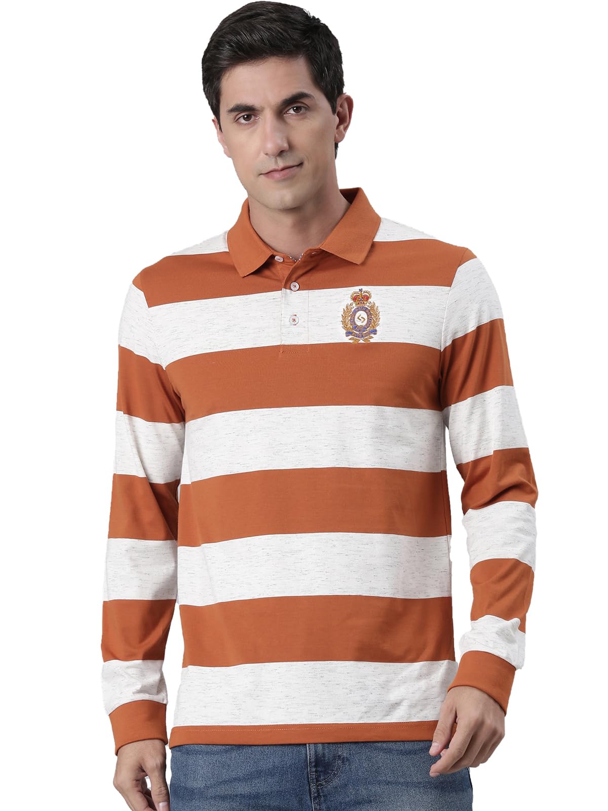 classic polo Men's Full Sleeve Rust/Off-White Polo Neck Slim Fit Colorblock Cotton T-Shirt-picture-34
