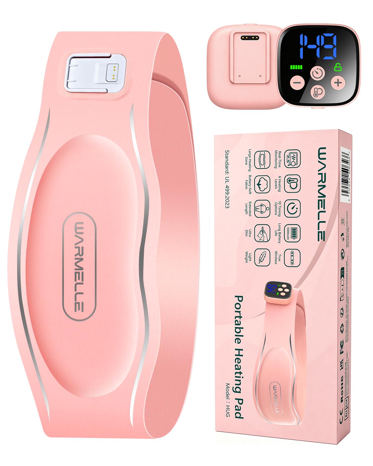 Heating Pad for Period Cramps & Endometriosis | On-the-go Relief | 104℉-149℉ Real-Time Monitoring | 10-99 Mins Timing | 5000mAh of Tangle-free Comfort
