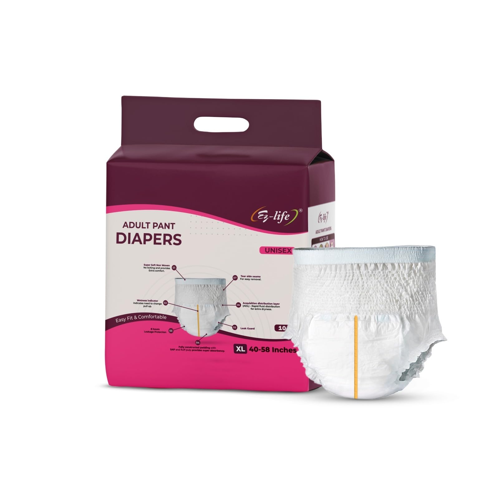 EZ-LIFE Adult Diaper Pants – Unisex, Leakproof, 8-Hr Protection with Extra Locking Layer | 10 Pcs | Fits Waist 40”-58” (101-147 cm) | Elastic Comfort & Wetness Indicator, XL-image-48