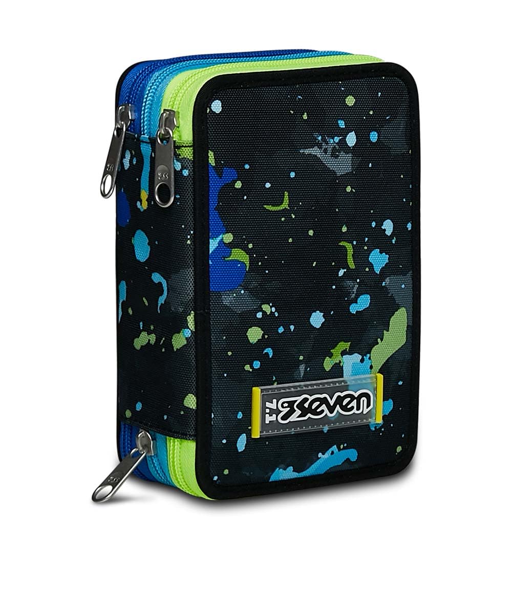 Seven Astuccio 3 Zip, STRING BOY, Attrezzato con Matite, Pennarelli Ecc. - Blu - Scuola & Tempo Libero