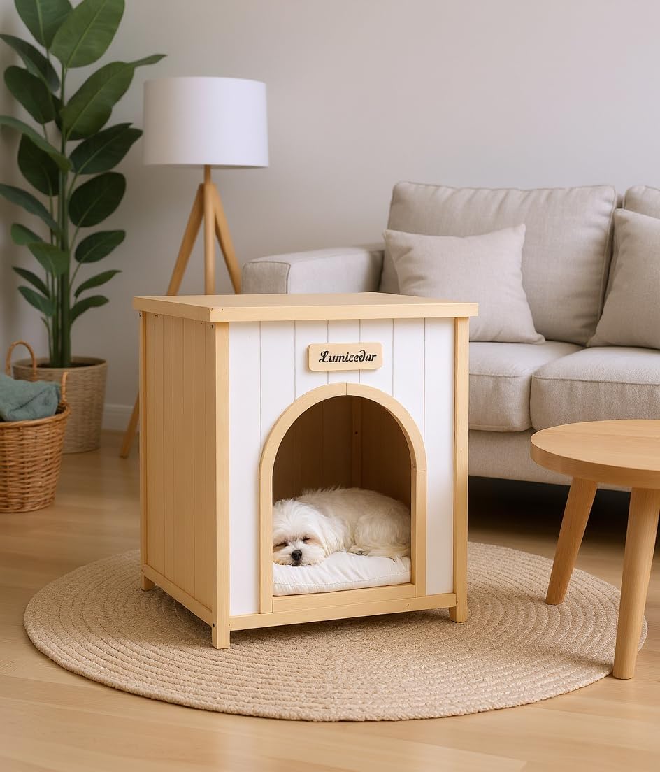 Solid Cedar Wood Indoor Dog House for Small & Medium Dogs, Flat Top Pet House with Soft Cushion, Modern Wooden Dog House Inside Home (20.3" D x 20.9" W x 23.6" H)