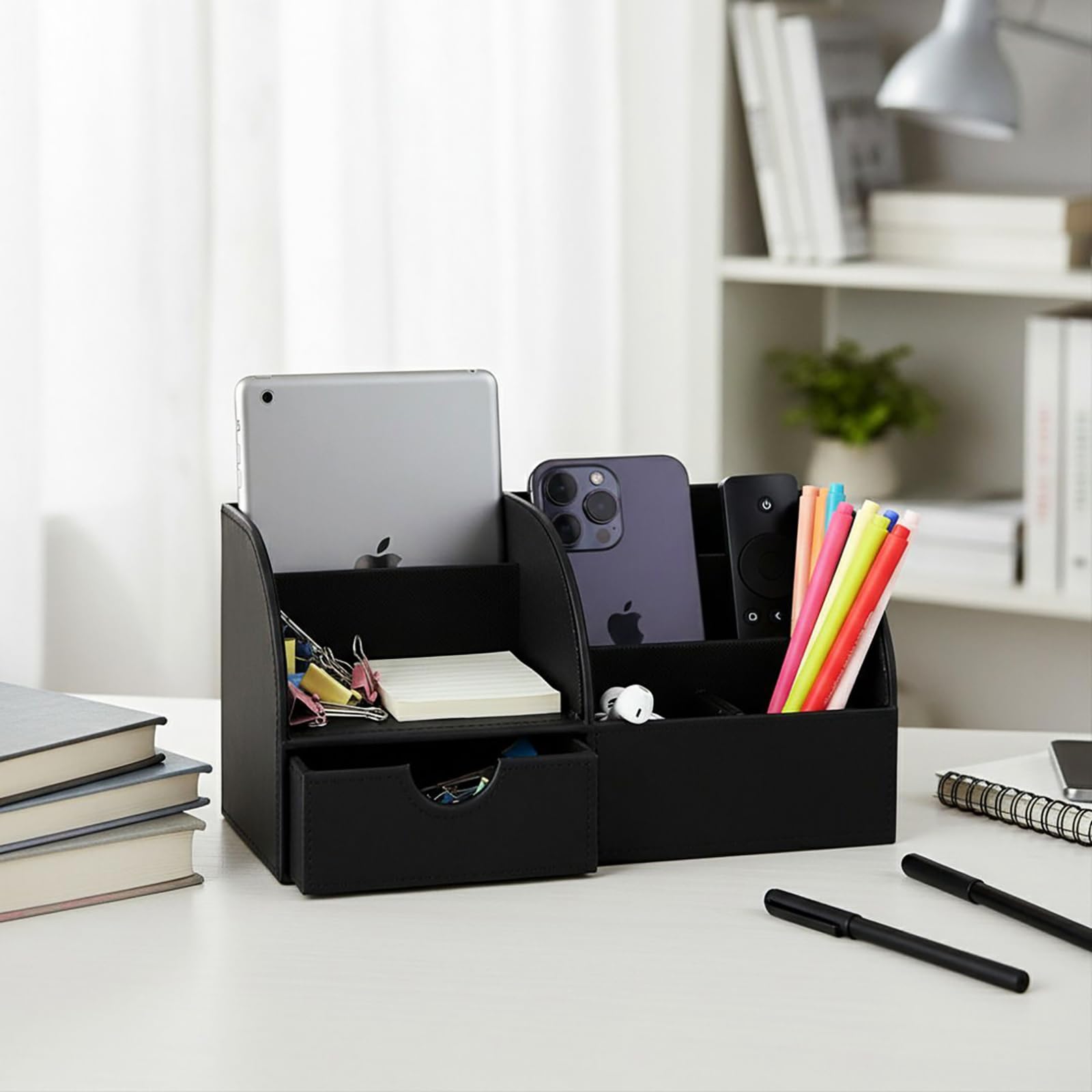 UnionBasic Multifunktions-Schreibtisch Organzer für Büro aus Kunstleder zur Aufbewahrung von Visitenkarten, Stiften, Handy, Büroartikeln, Aufbewahrungsbox Modern schwarz