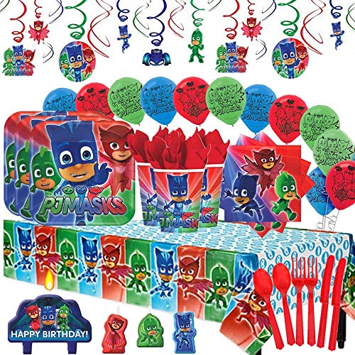 Amscan PJ Masks MEGA Deluxe Birthday Party Pack for 16 with Plates, Napkins, Cups, Cutlery, Tablecover, Candles, Hanging Swirl Decorations, and Balloons