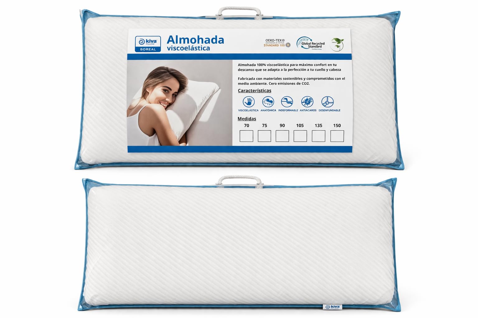 Almohada Viscoelástica 135 CM Boreal, Almohada Cervical Ergonómica e Indeformable, 100% Sostenible Reciclada, Certificado Oeko-Tex y GRS, Funda Transpirable Desenfundable Lavable