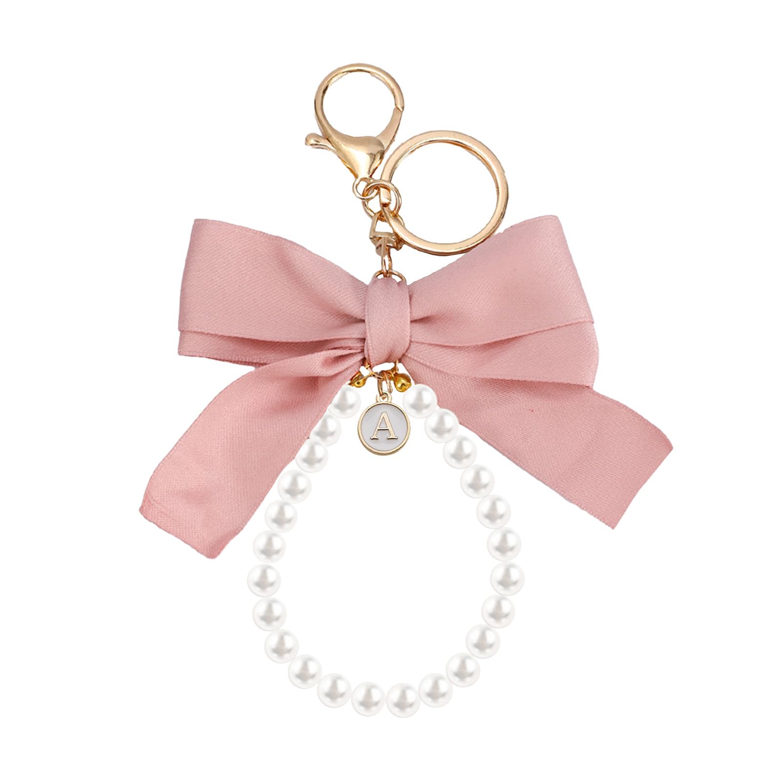 SMUOBT Initial Keychain Bow Keychain for Women, Cute Keychain Wristlet Pearl Key Chains for Car Keys Bow Keychain Accessories